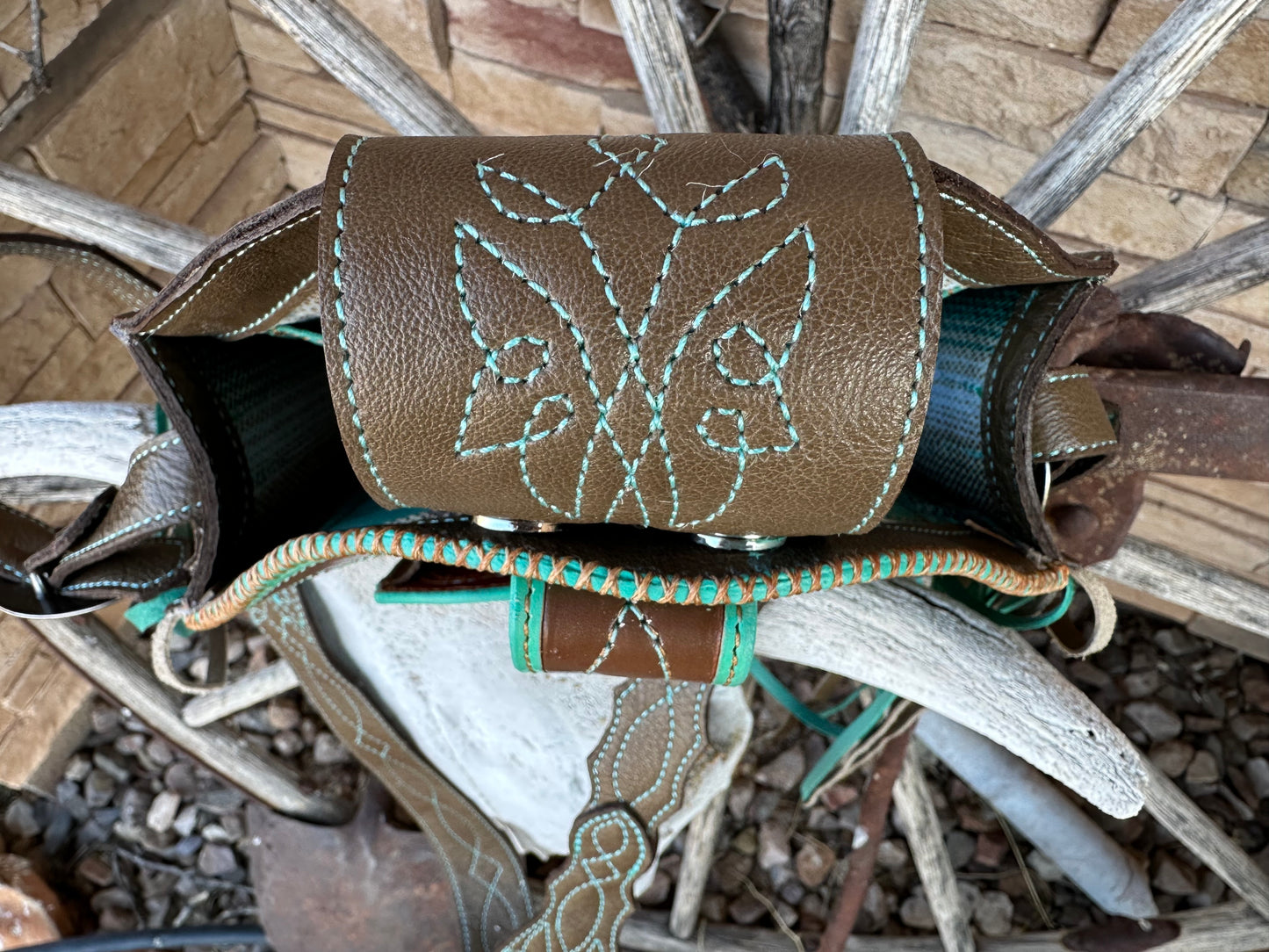 Western tooled leather turquoise and brown boot fringe bag with front cell phone pocket