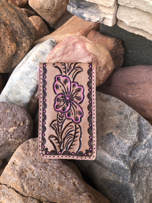 Western tooled leather pink floral travel manicure set