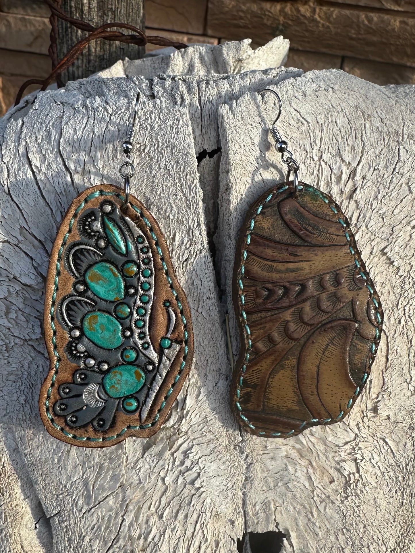 Western tooled leather turquoise butterfly earrings