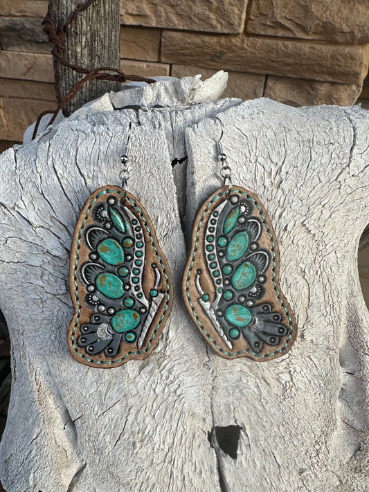 Western tooled leather turquoise butterfly earrings