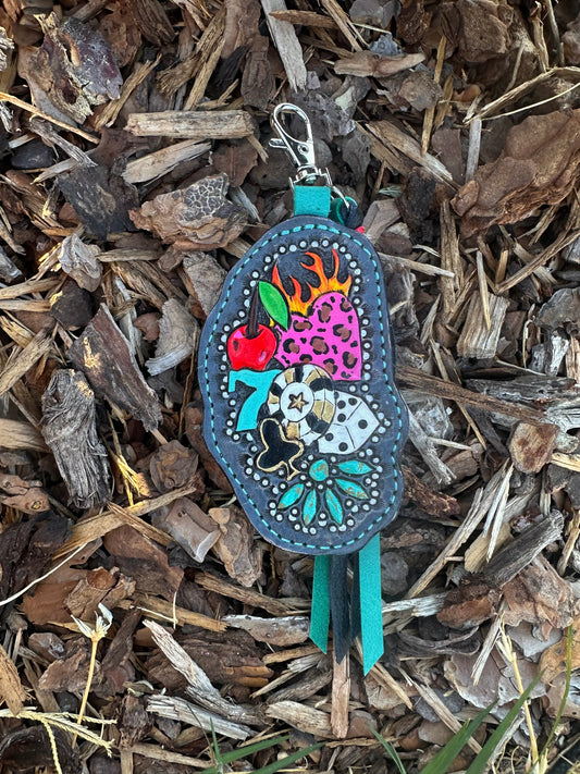 Western tooled leather retro gaming keychain