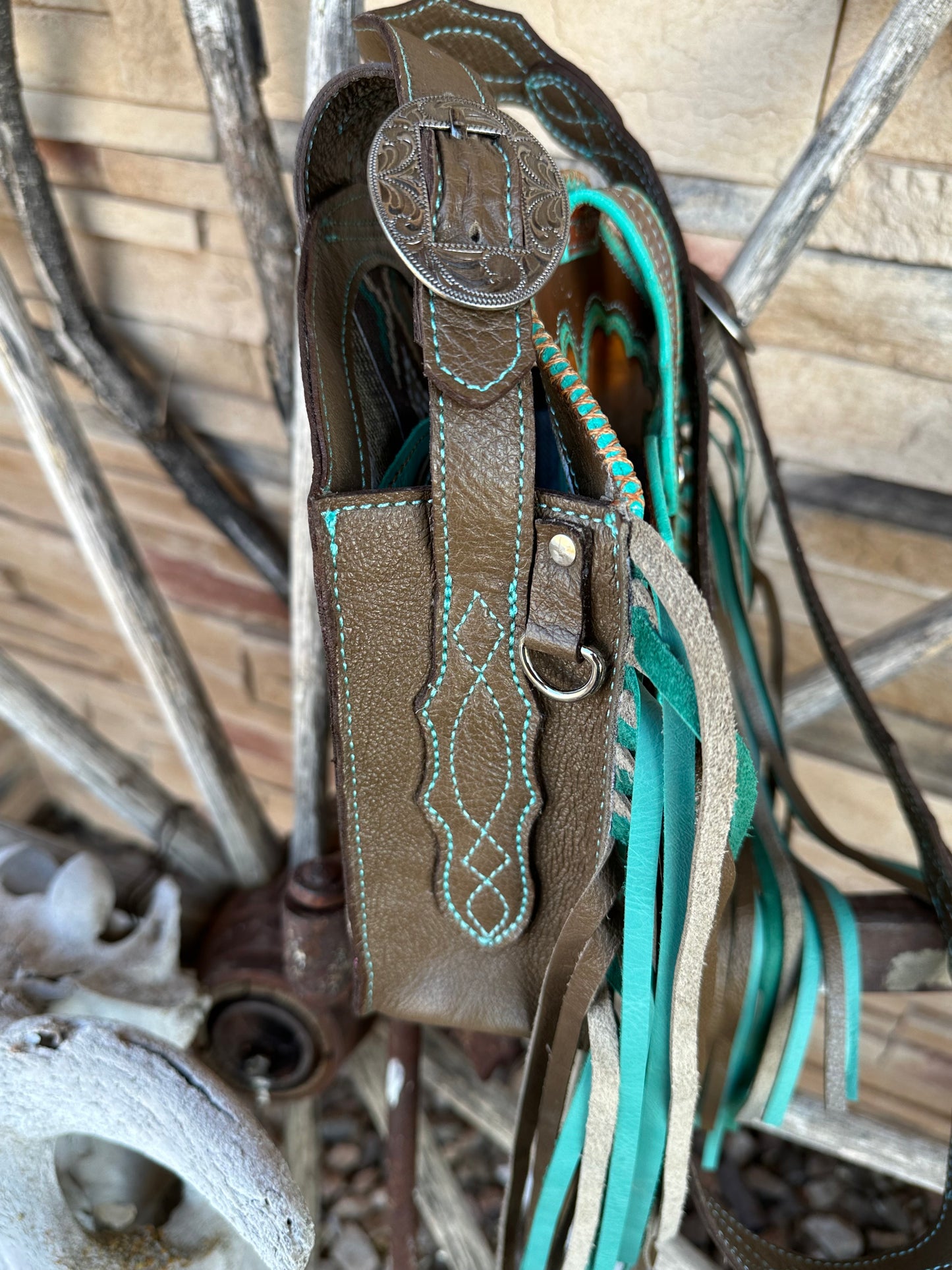 Western tooled leather turquoise and brown boot fringe bag with front cell phone pocket