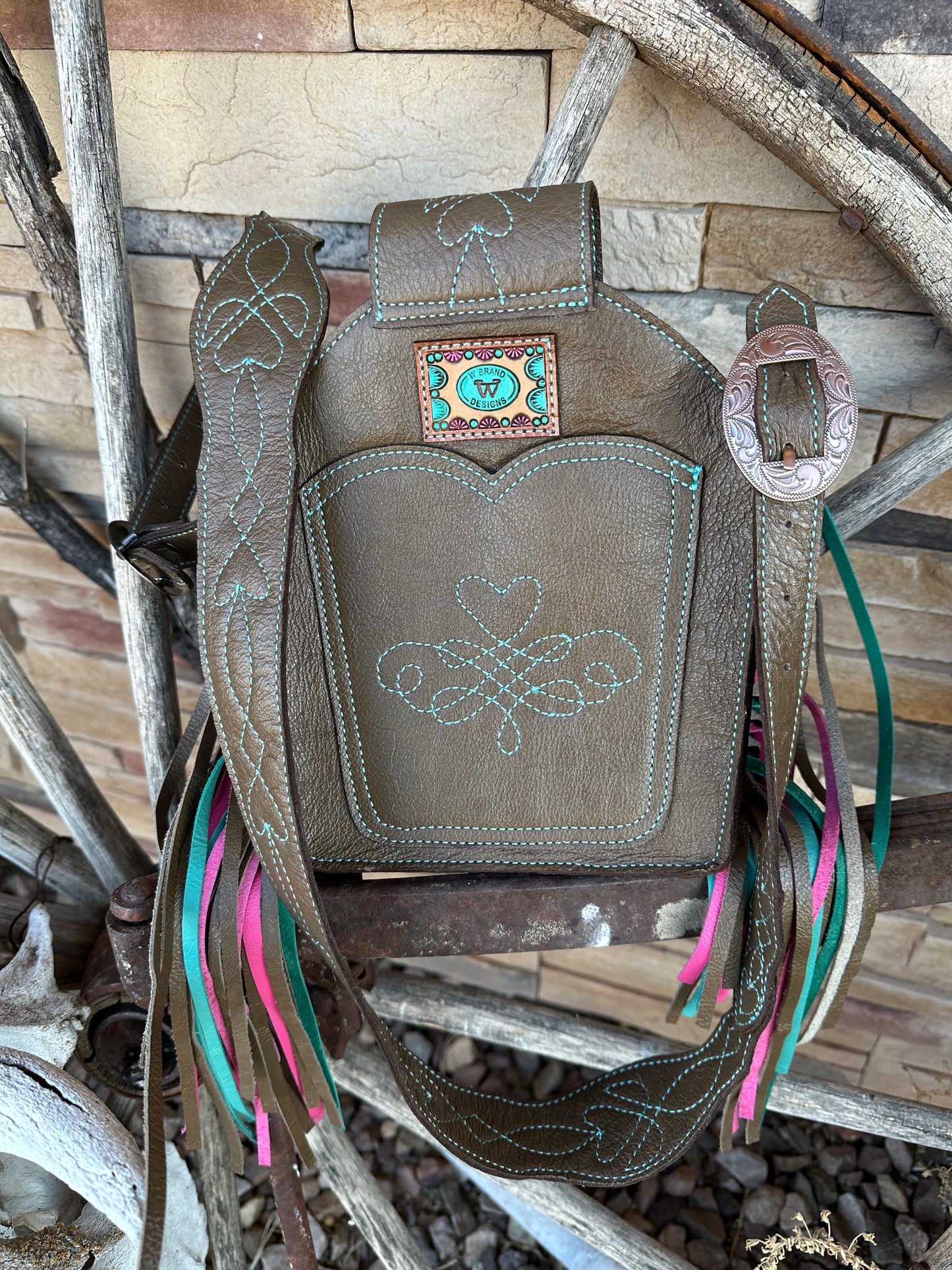 Western tooled leather heart boot fringe bag with front cell phone pocket