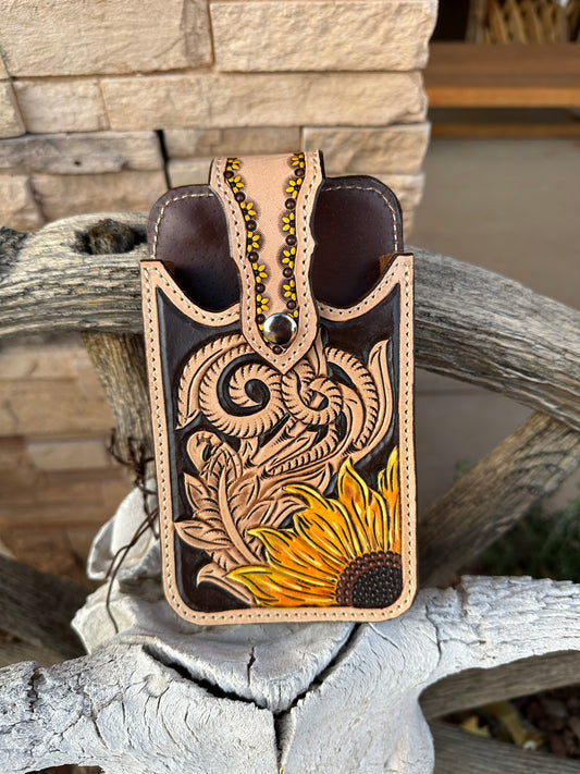 Western tooled leather sunflower belt cell phone case