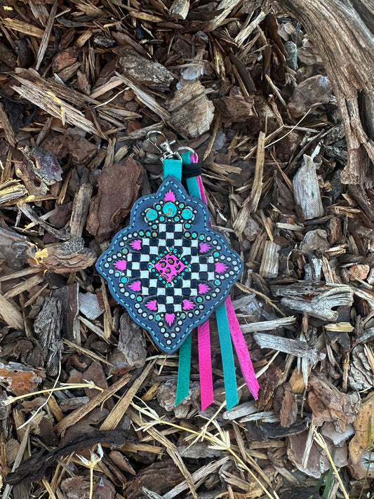 Southwestern tooled leather checkered retro keychain