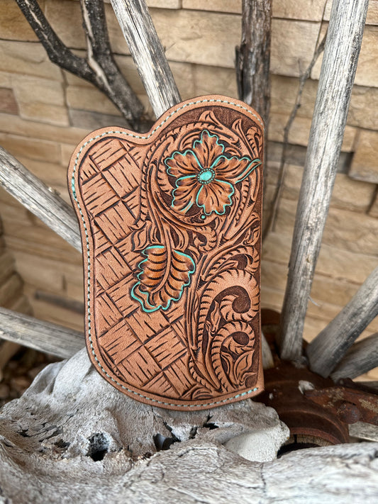 Western tooled leather floral and basket weave cellphone holster small
