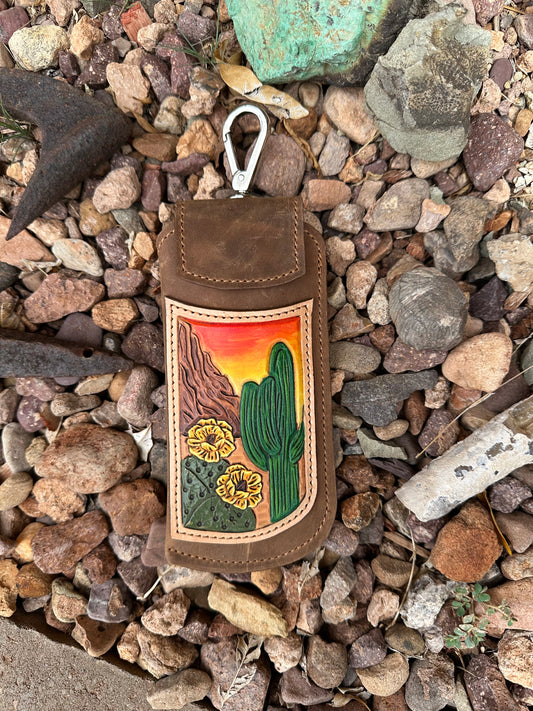 Western leather desert cactus eye glass case