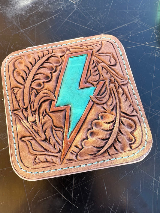 Western tooled leather lightning bolt patch travel jewelry cases