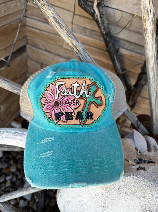 Western tooled leather Faith over Fear patch cap