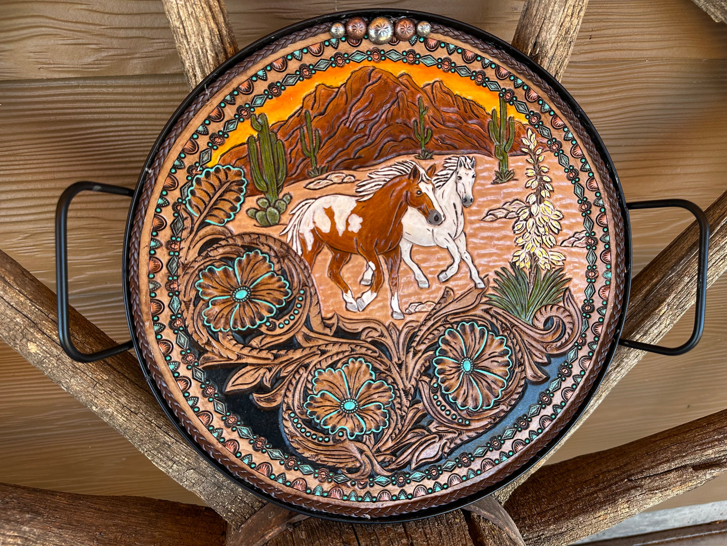 Western tooled leather running horses valet tray