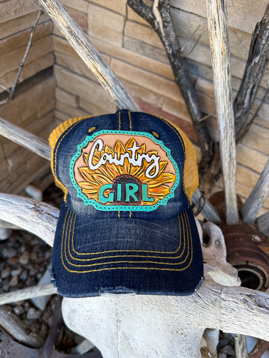 Western tooled leather Country Girl patch cap