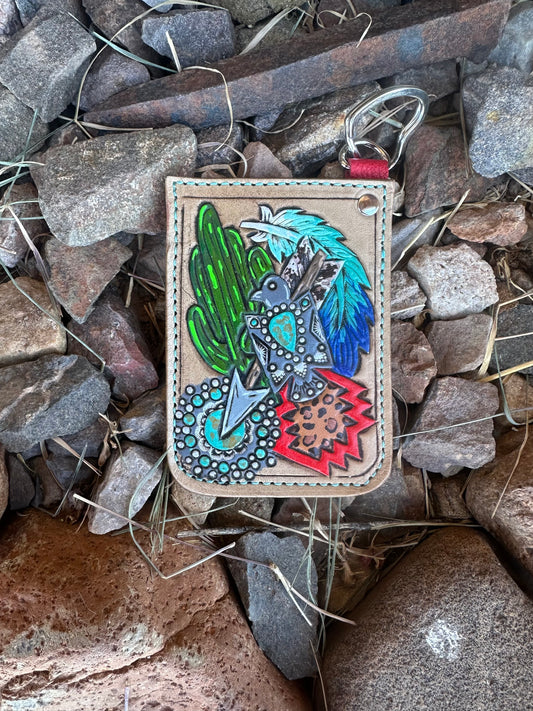 Southwestern tooled leather cactus and thunderbird card keychain