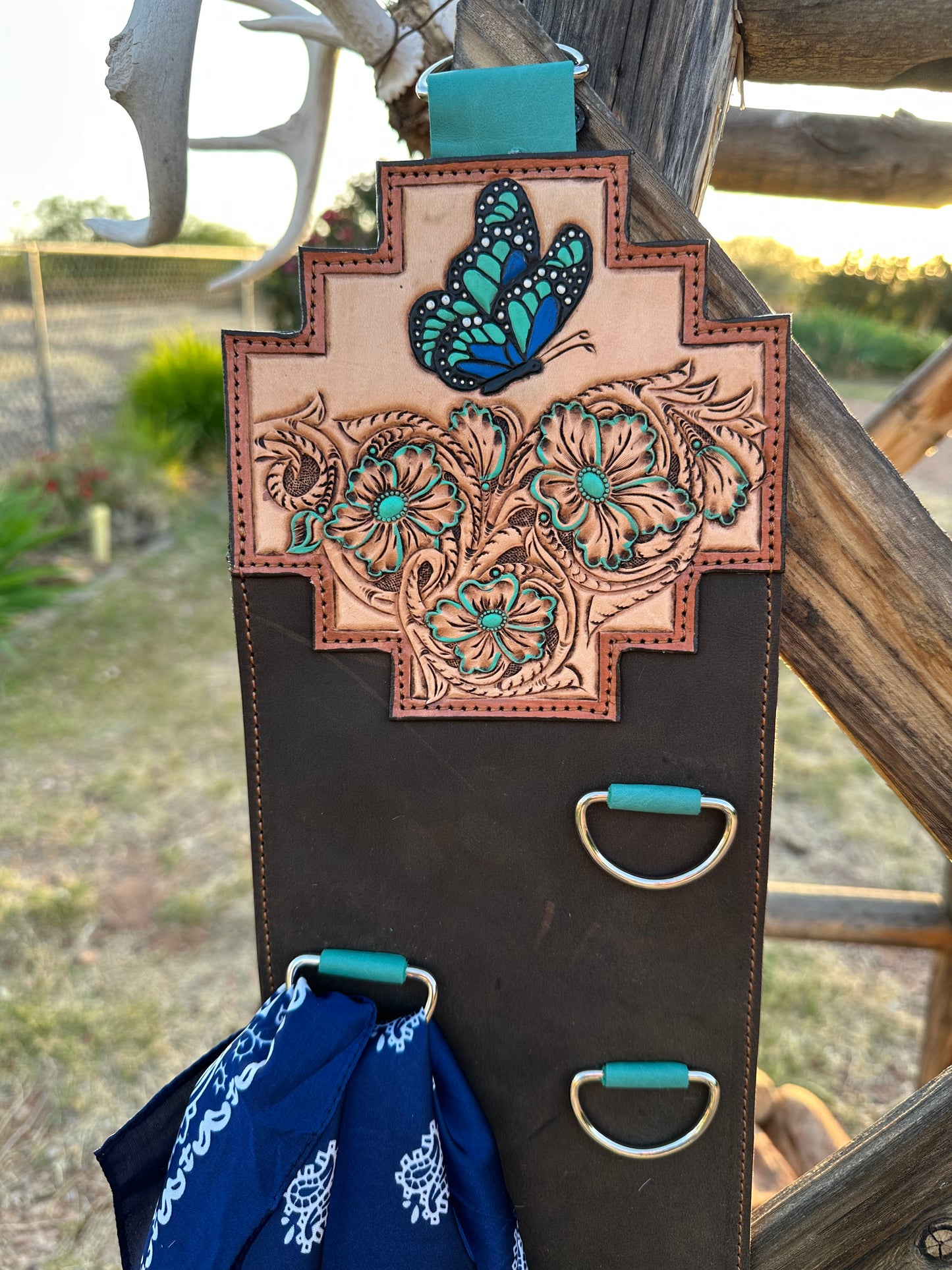 Western tooled leather butterfly wild rag scarf hanger