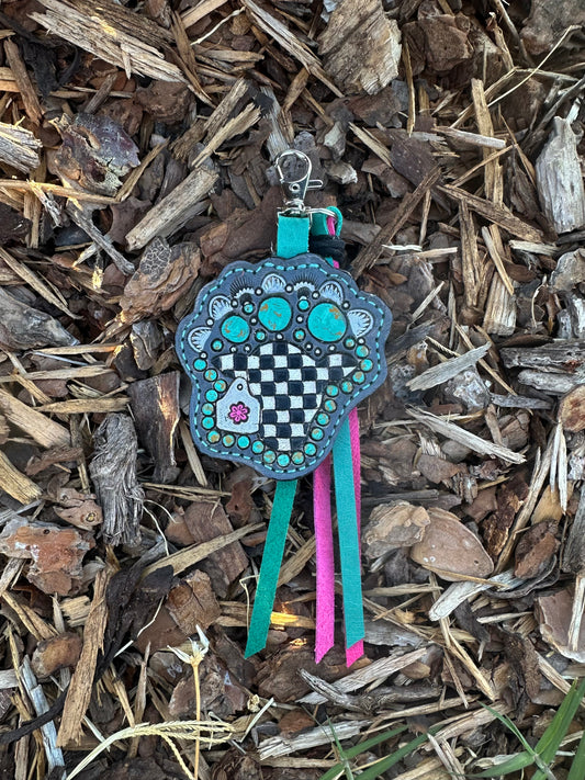 Western tooled leather checkered cow with tag and turquoise keychain
