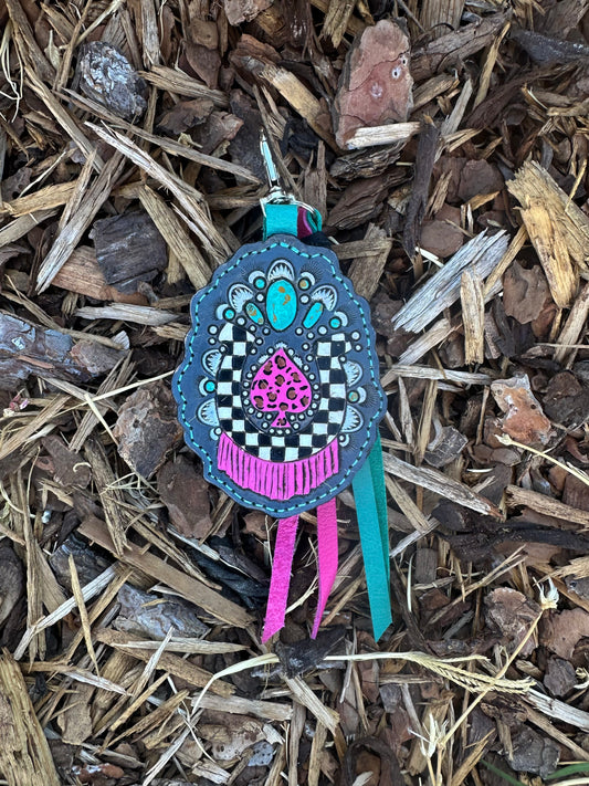 Western tooled leather checkered horseshoe spade and turquoise keychain