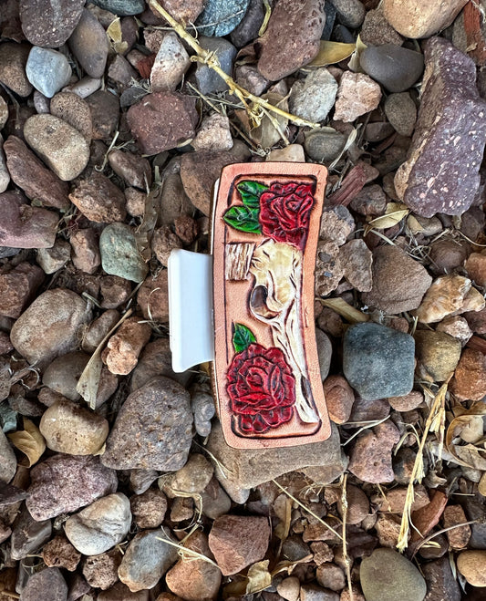 Western tooled leather rose and cow skull medium claw clip