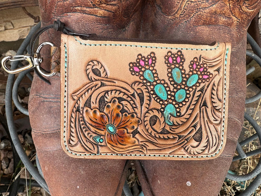 Western tooled leather turquoise prickly pear cactus zipper card wallets