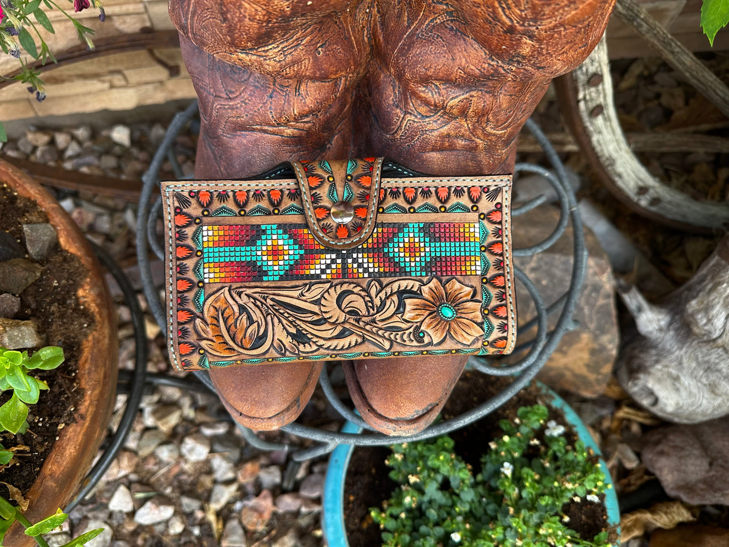 Western tooled leather floral and faux beadwork wallet