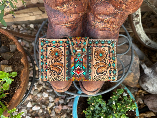 Western tooled leather floral and faux beadwork wallet