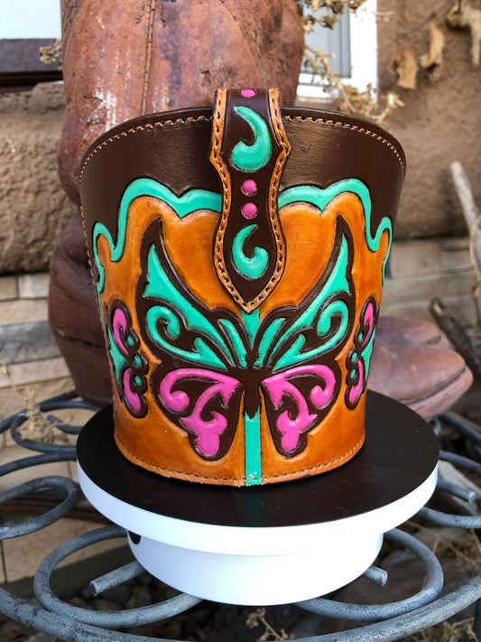 Western tooled leather pink and turquoise butterfly boot desk caddy