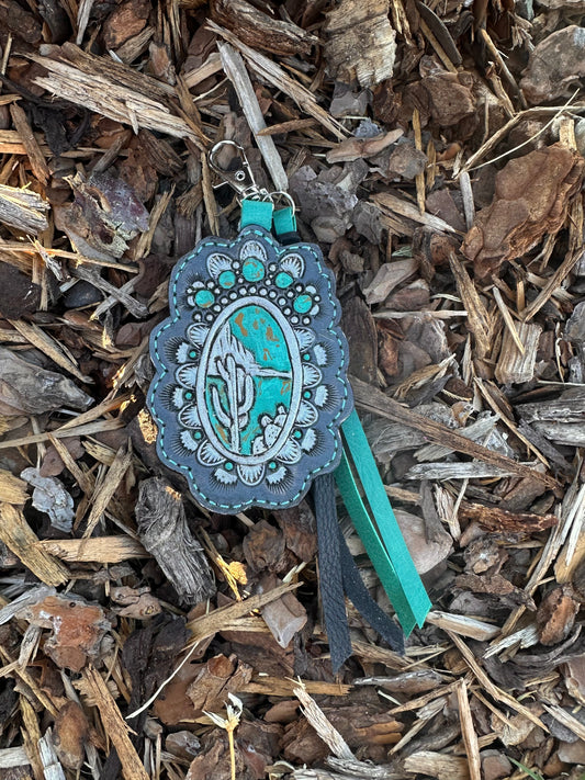 Southwestern tooled leather silver and turquoise desert keychain