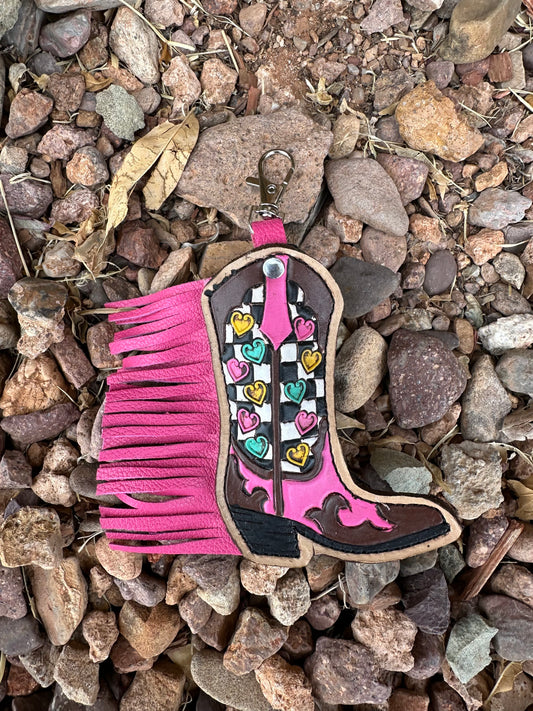 Western tooled leather checker print and hearts fringe boot chapstick keychain