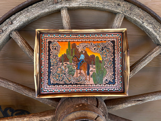 Western tooled leather Desert Ride wooden tray