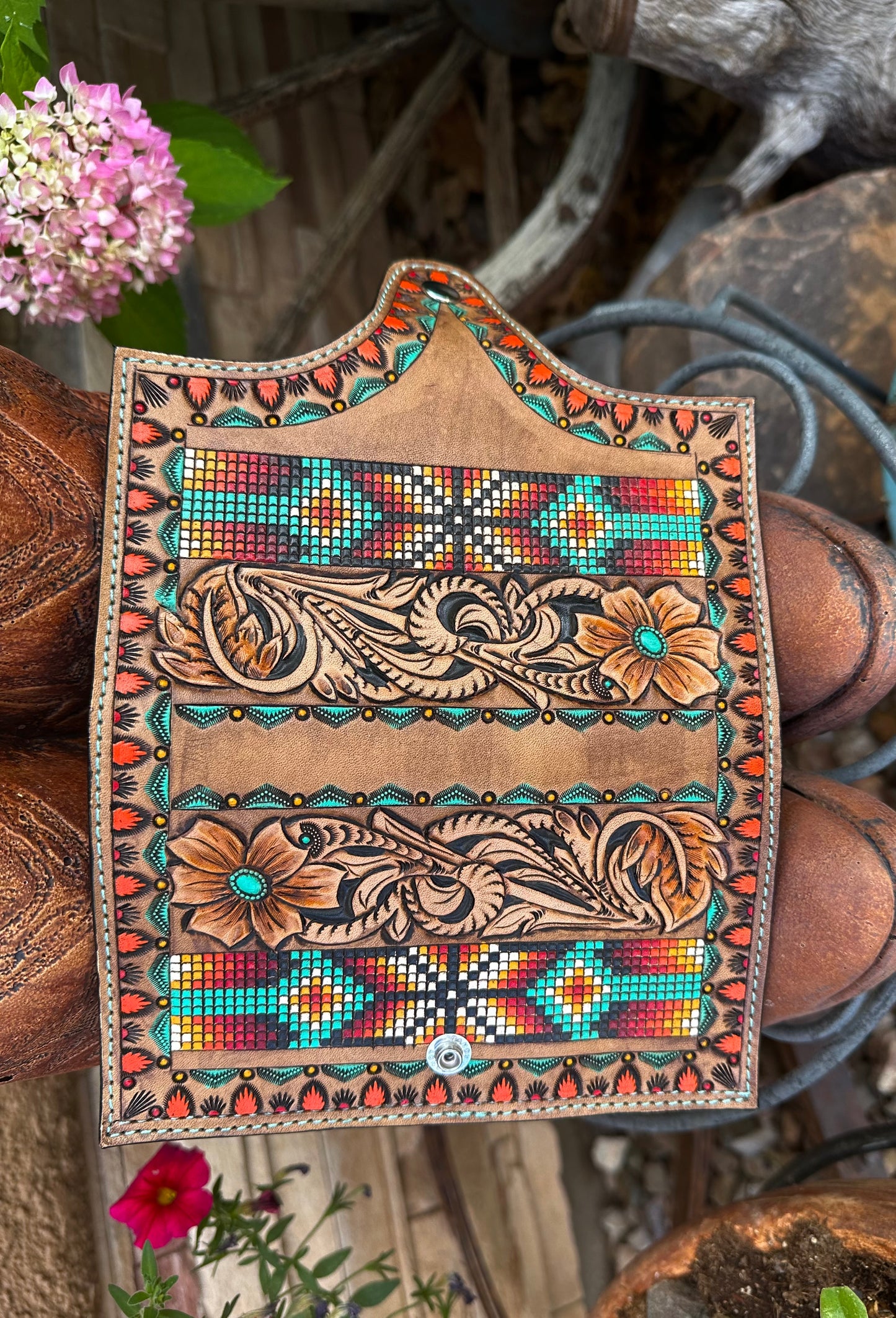 Western tooled leather floral and faux beadwork wallet