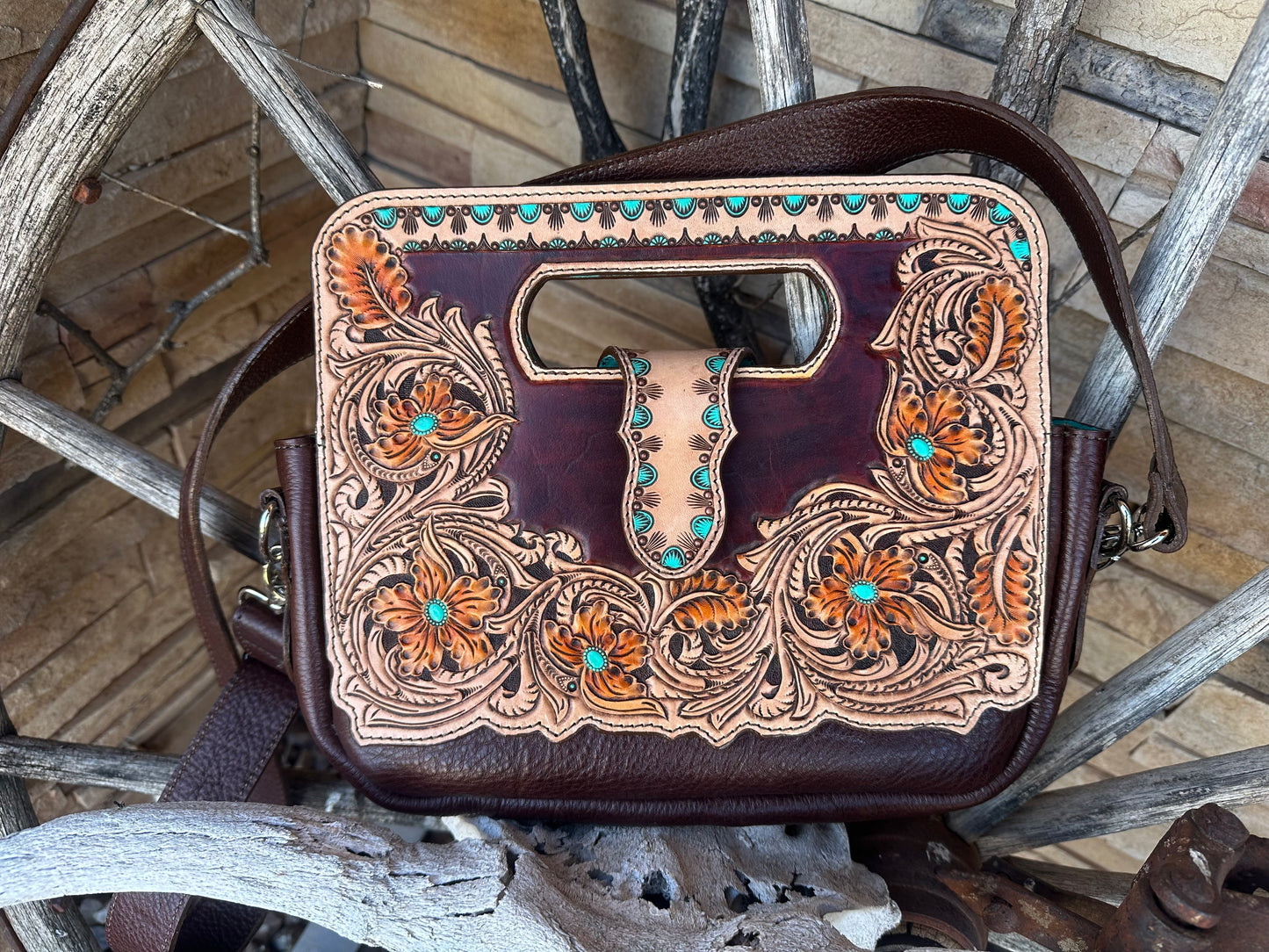 Western tooled leather floral clutch purse