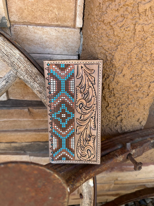 Mens tooled leather faux beadwork roper wallet