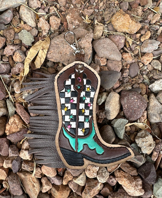Western tooled leather checker print and stars fringe boot chapstick keychain