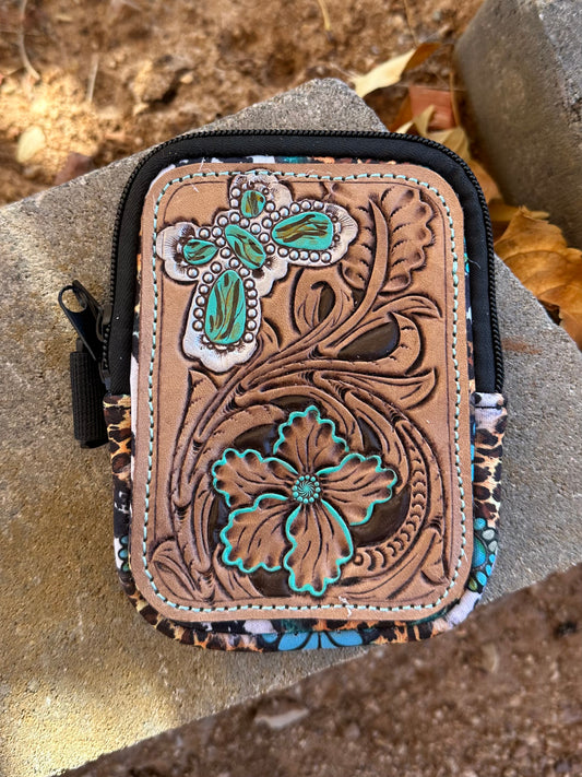 Western tooled leather floral and turquoise butterfly patch tumbler pouch