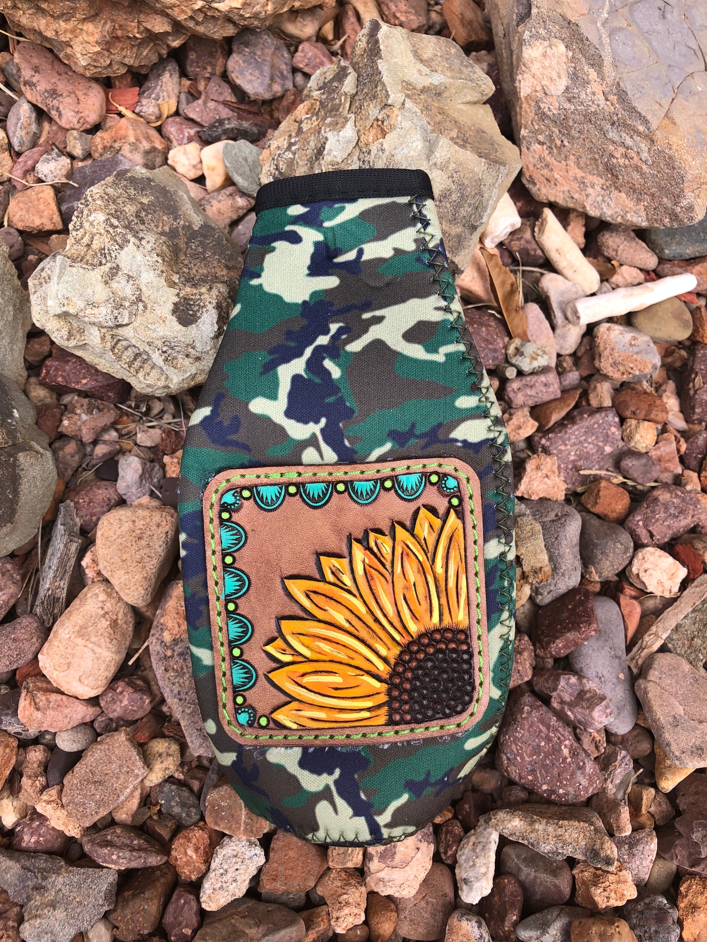 Western tooled leather patch bottle koozie