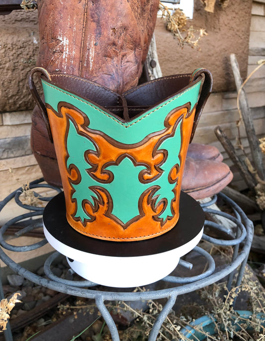 Western tooled leather turquoise and brown boot desk caddy