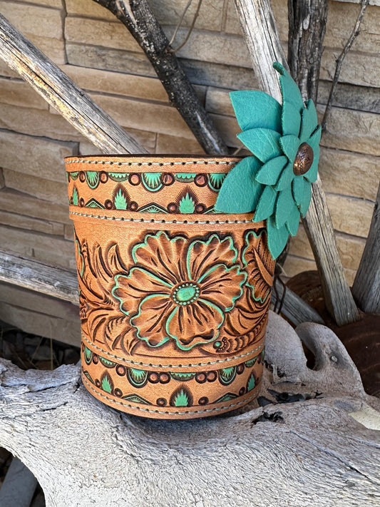 Western tooled leather floral pen holder