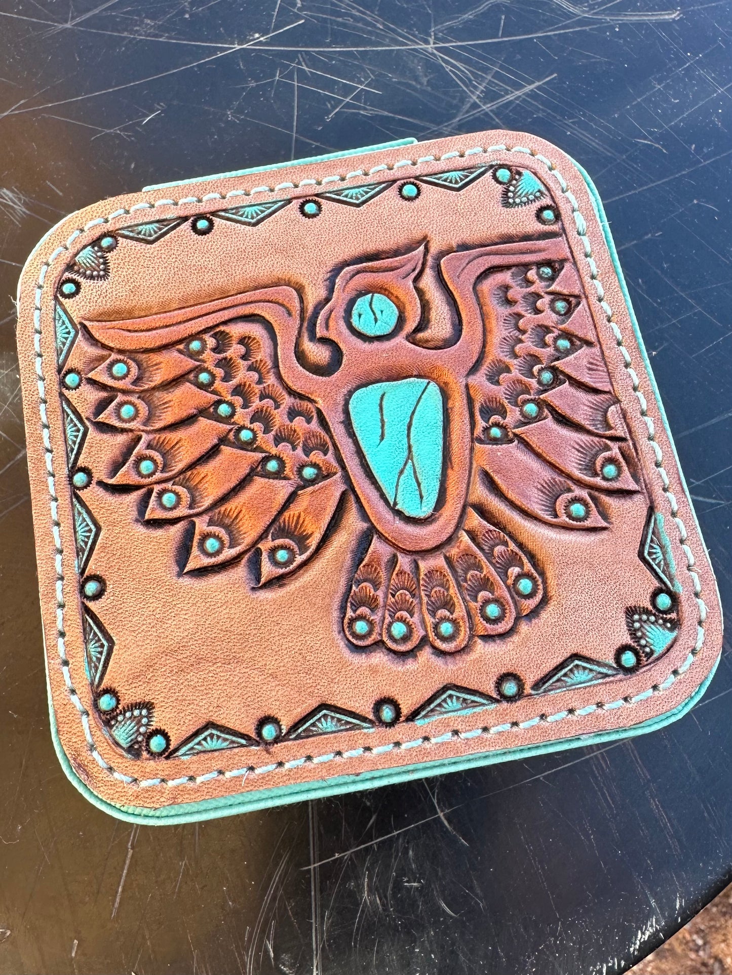 Southwestern tooled leather thunderbird travel jewelry case