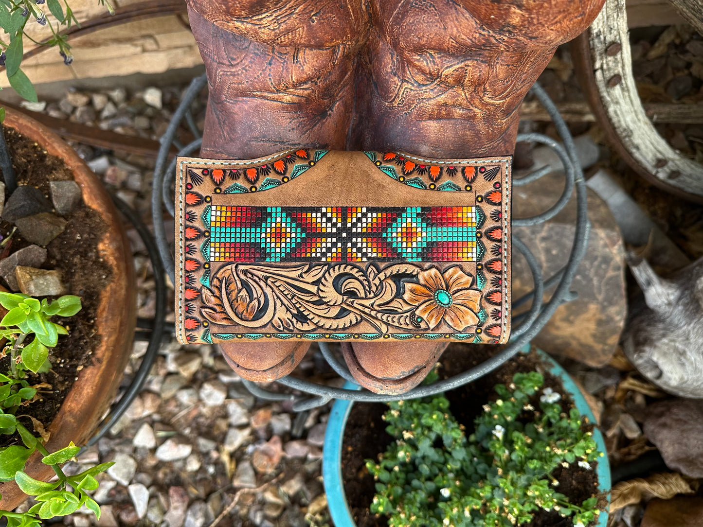 Western tooled leather floral and faux beadwork wallet