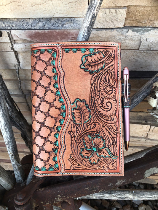 Western tooled leather floral memo book cover