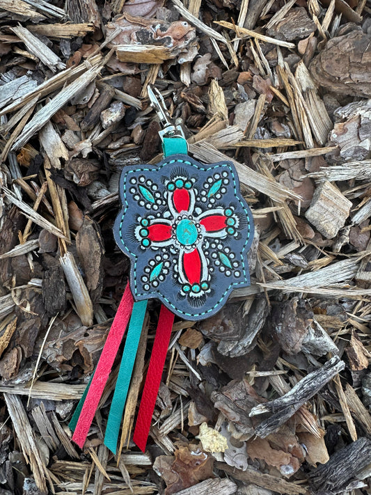 Southwestern tooled leather red and turquoise cross keychain