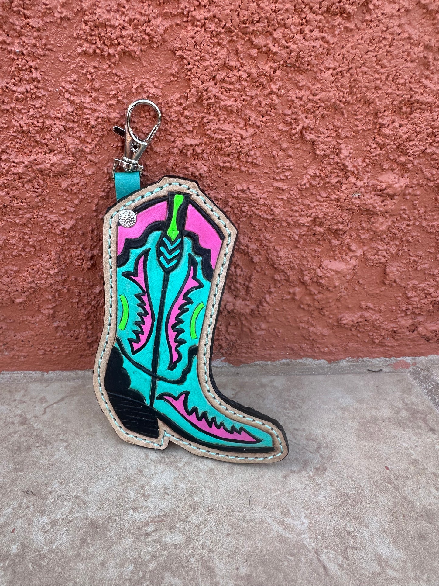 Western tooled leather boot keychain