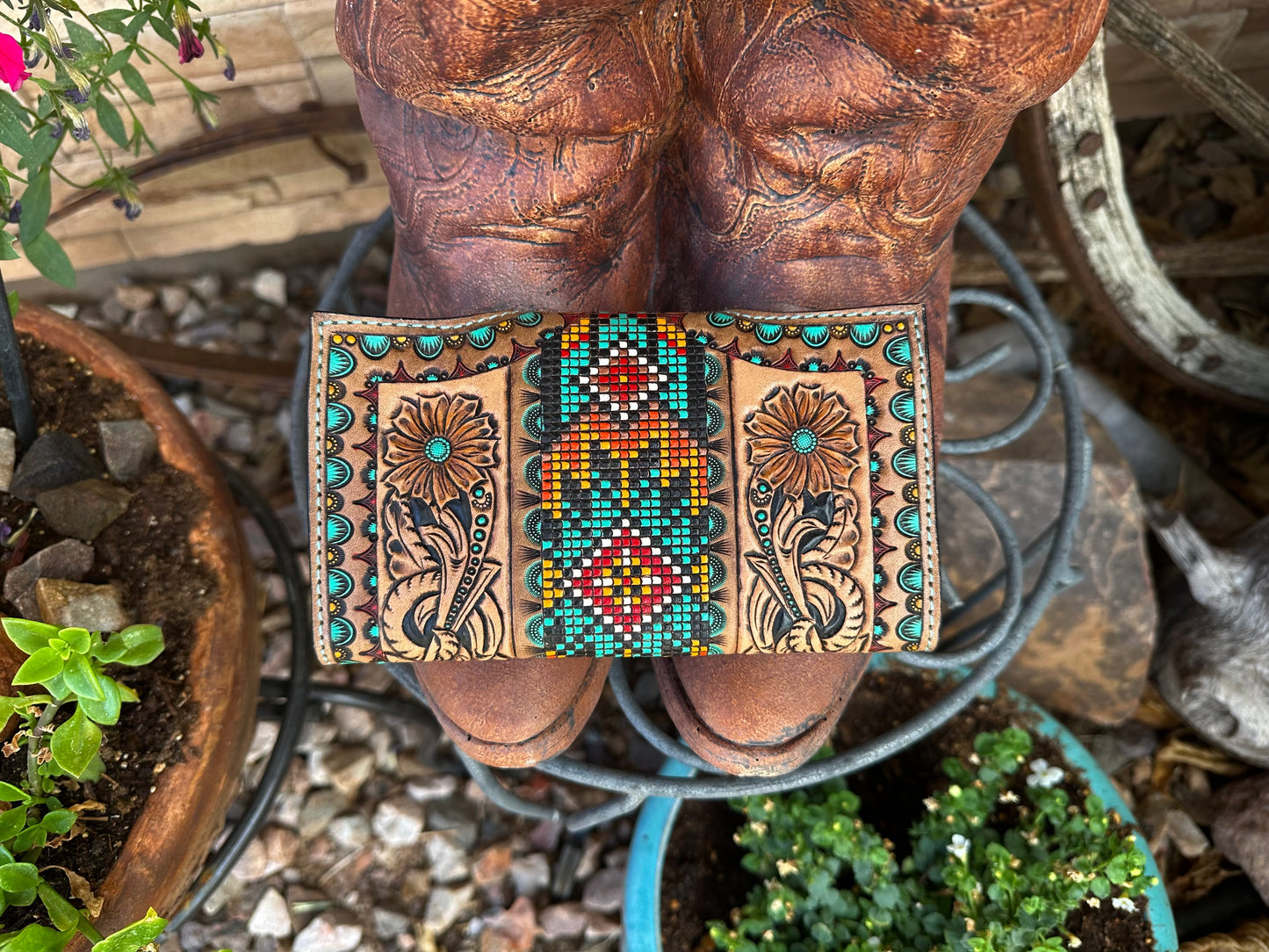 Western tooled leather floral and faux beadwork wallet