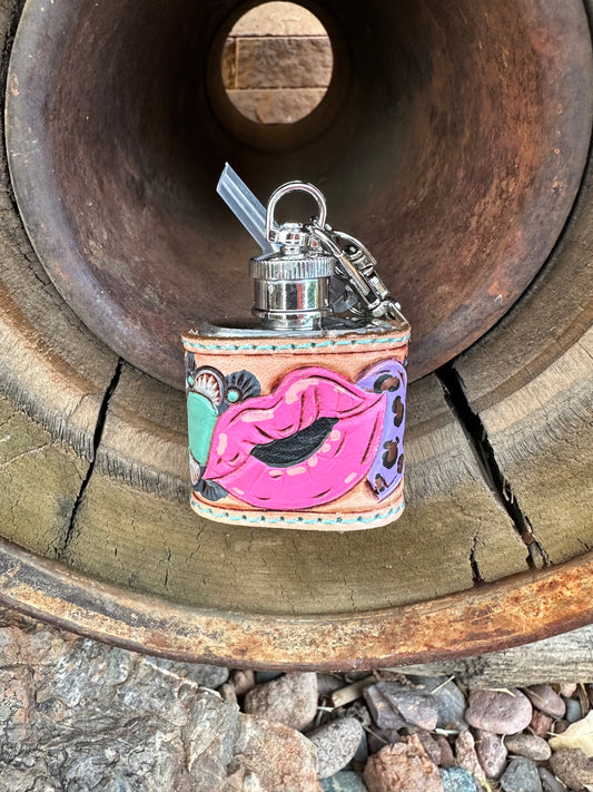 Western tooled leather lips, heart bomb, strawberry and turquoise mini keychain flask