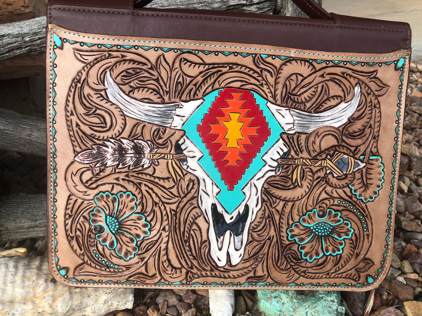 Western tooled leather floral and southwestern cow skull with arrow binder briefcase