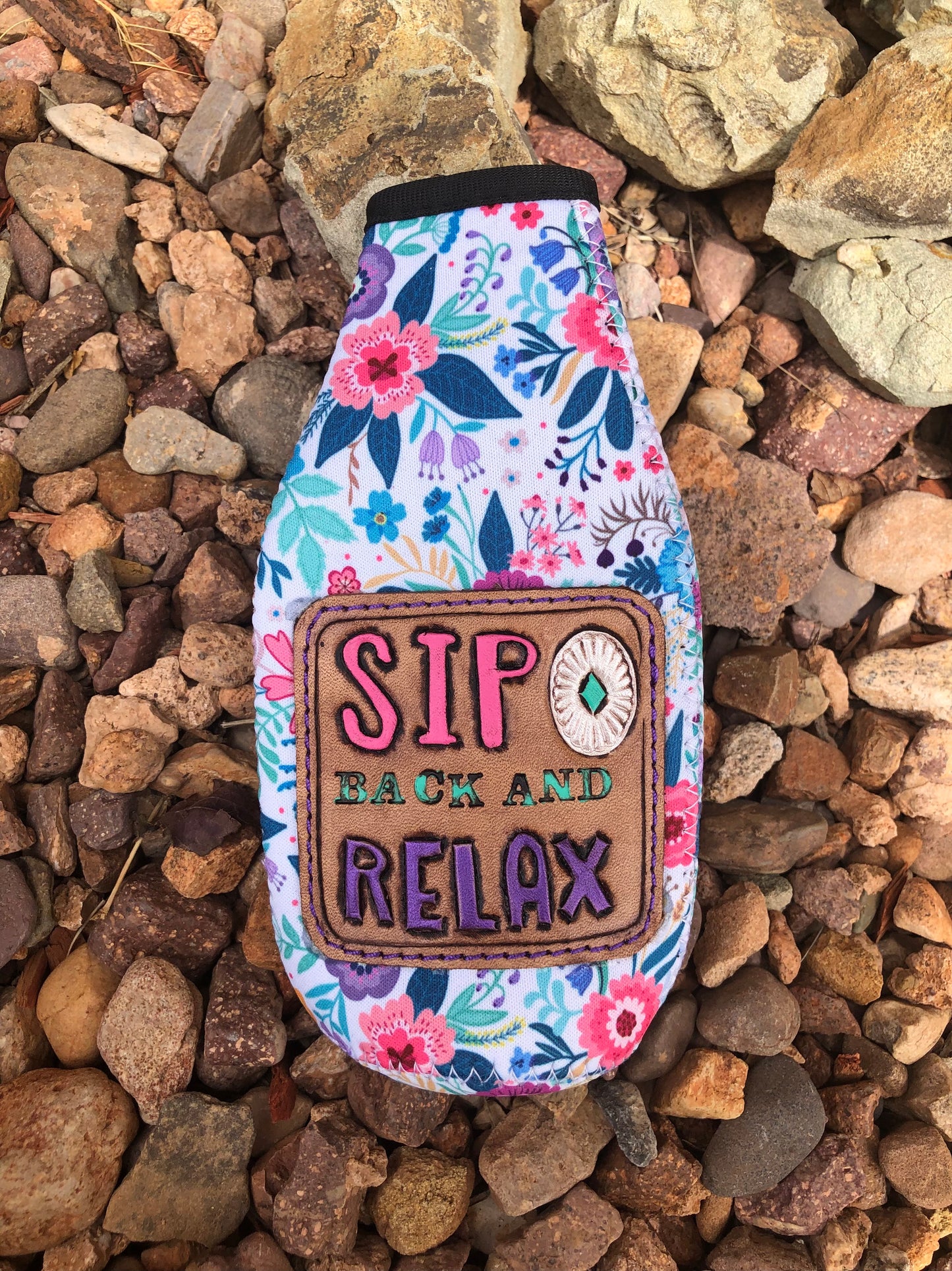 Western tooled leather sip back and relax bottle koozie