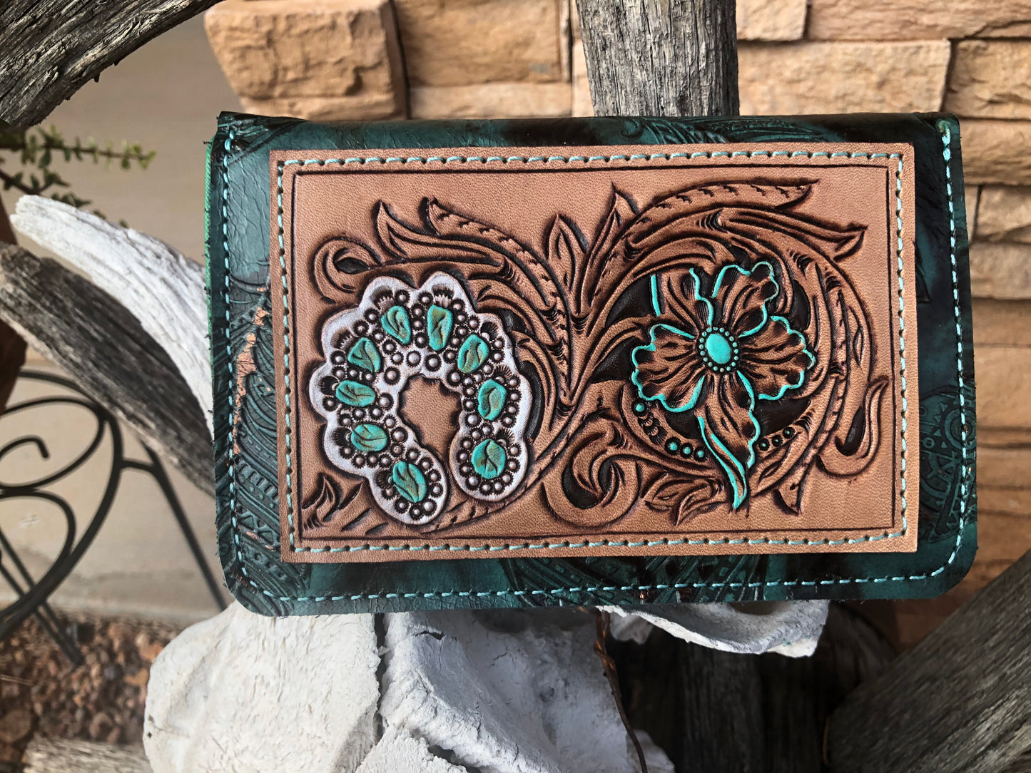 Western tooled leather floral and squash blossom patch on embossed feather leather manicure kit