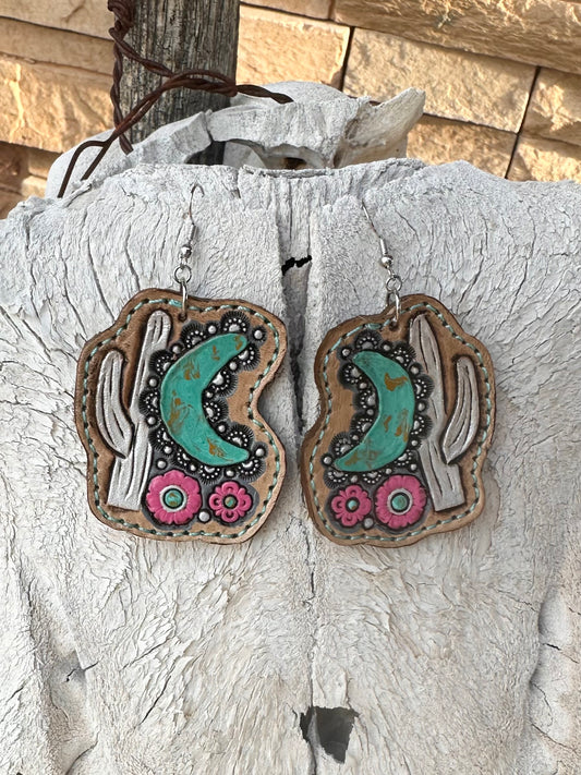 Southwestern tooled leather cactus moon earrings