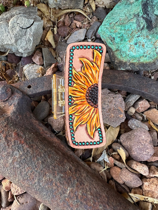 Western tooled leather sunflower large claw clip