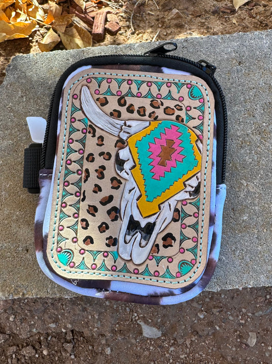 Southwest tooled leather cow skull patch tumbler pouch