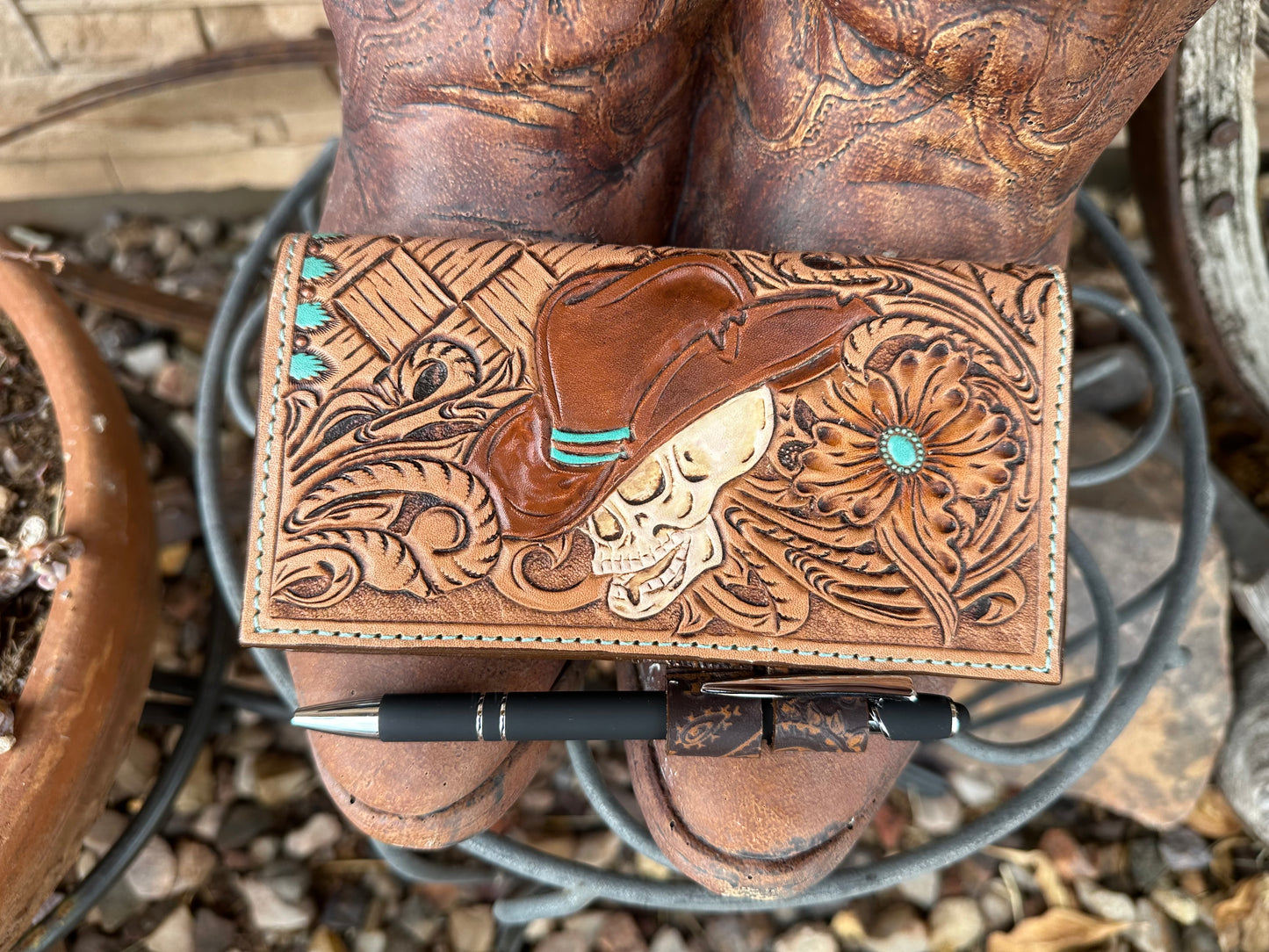 Western tooled leather cowboy skull checkbook cover