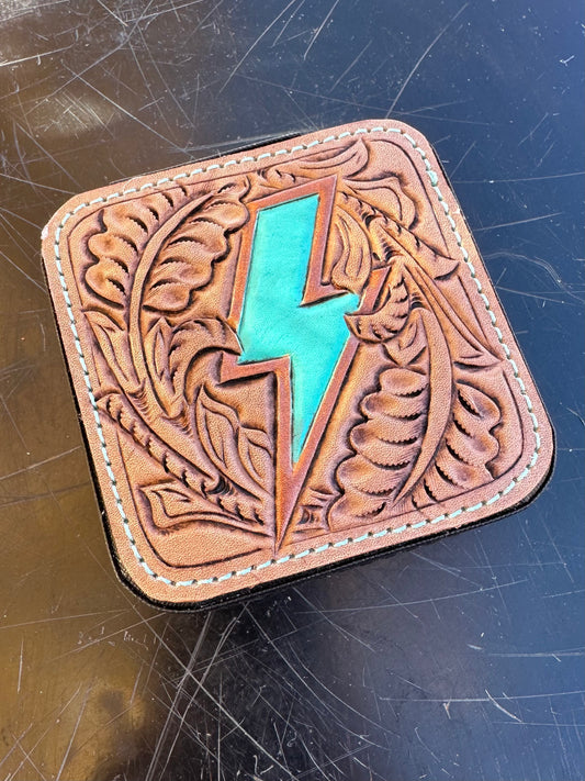 Western tooled leather lightning bolt patch jewelry case